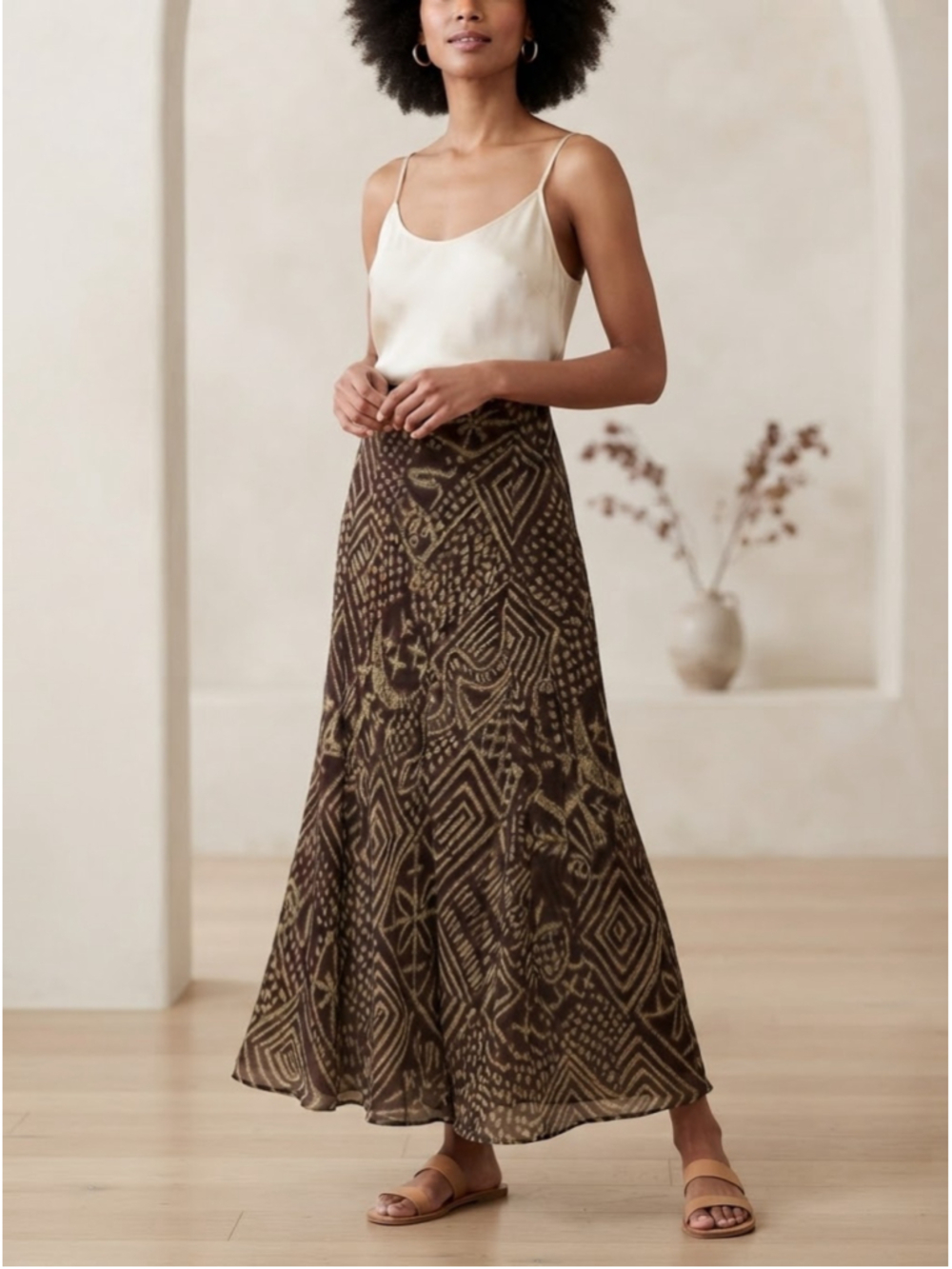 Women's Lauren Ralph Lauren Silk Maxi Skirt Size S Small Brown Beige Geometric
